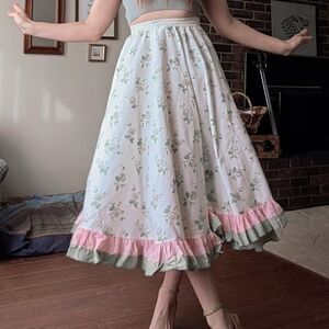 Floral Midi Skirt with Pink Ruffle Trim